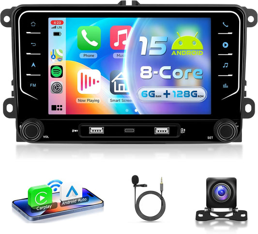 8 Kern 6G + 128G autoradio, Android 15 voor VW Golf 5 6 Passat Jetta Caddy EOS T5 Tiguan Touran CC Polo, 7 inch IPS touchscreen met draadloos Carplay Android Auto GPS Wi-Fi Bluetooth USB FM