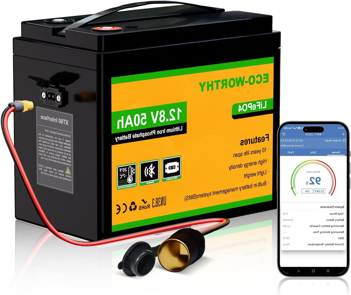 ECO-WORTHY LiFePO4 Battery 12V 50Ah Bluetooth BMS Low Temperature Protection and 4000-15000 Cycles 640Wh Lithium Battery for Rolling Motor, Boat - QUORE