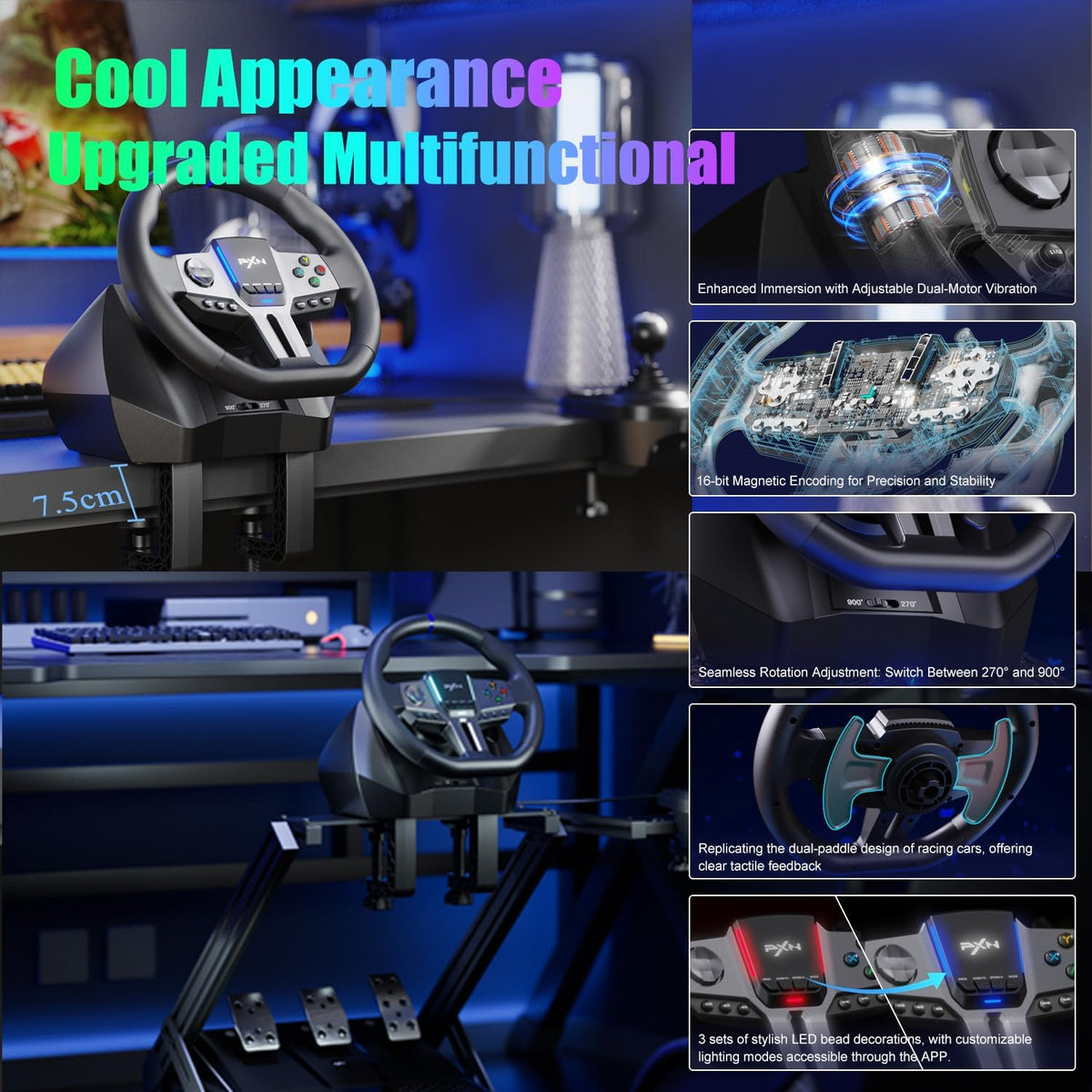 Gaming Stuurwiel – Racestuur – Simulatierace Stuur – Racecontroller – Stuurwiel Met Pedalen – Instelbare 270° & 900° Stuurhoek – Trillingsfeedback Met Dubbele Motoren