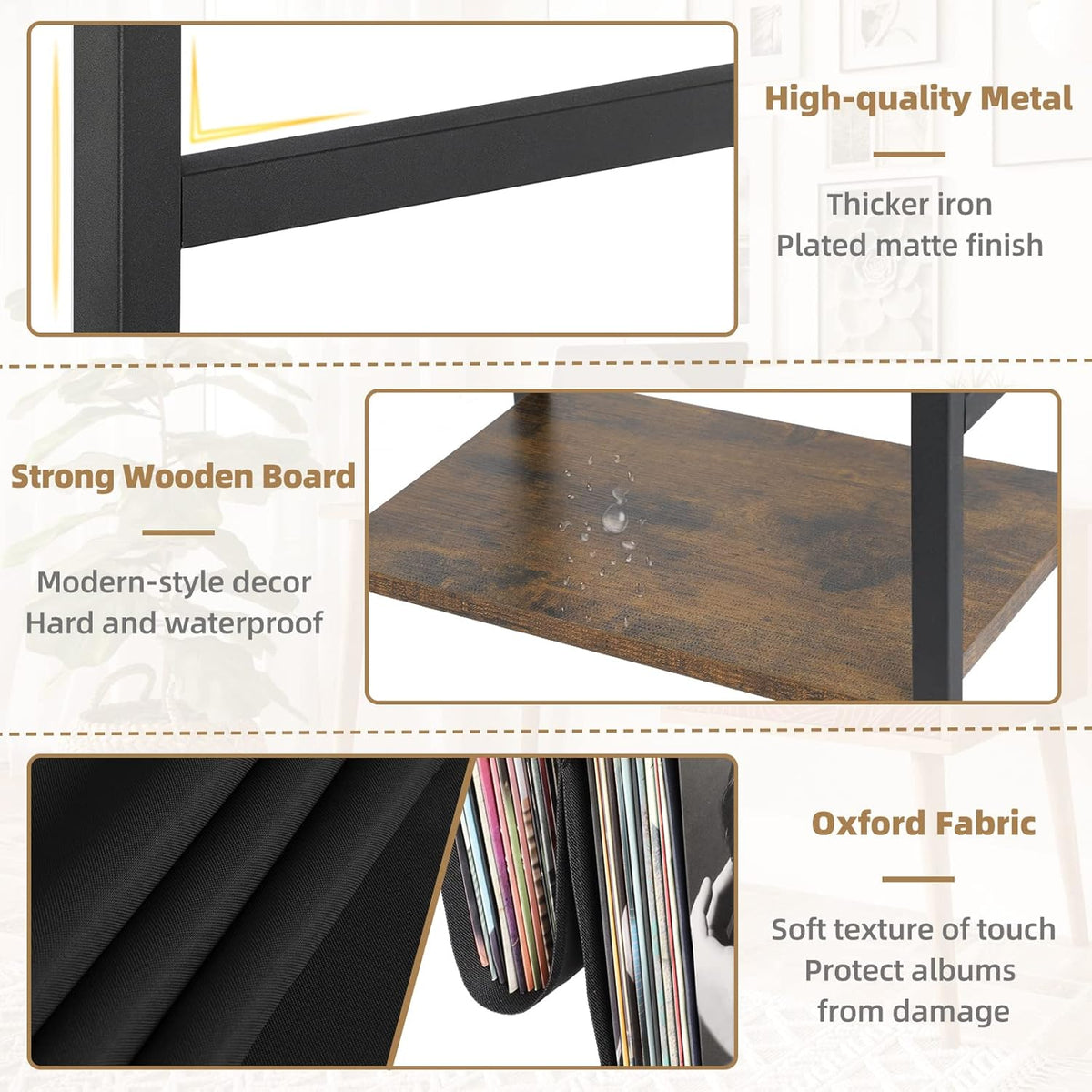 Platenspeler Standaard met Stopcontact, Eindtafel met 3 Niveaus Opslag voor Vinylplaten Platenspeler Tafel tot 200 Albums voor Vnyl Platen, Vinyl Platenhouder Kabinet voor de Woonkamer