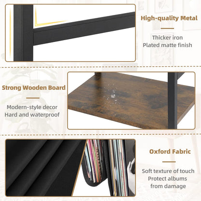 Platenspeler Standaard met Stopcontact, Eindtafel met 3 Niveaus Opslag voor Vinylplaten Platenspeler Tafel tot 200 Albums voor Vnyl Platen, Vinyl Platenhouder Kabinet voor de Woonkamer