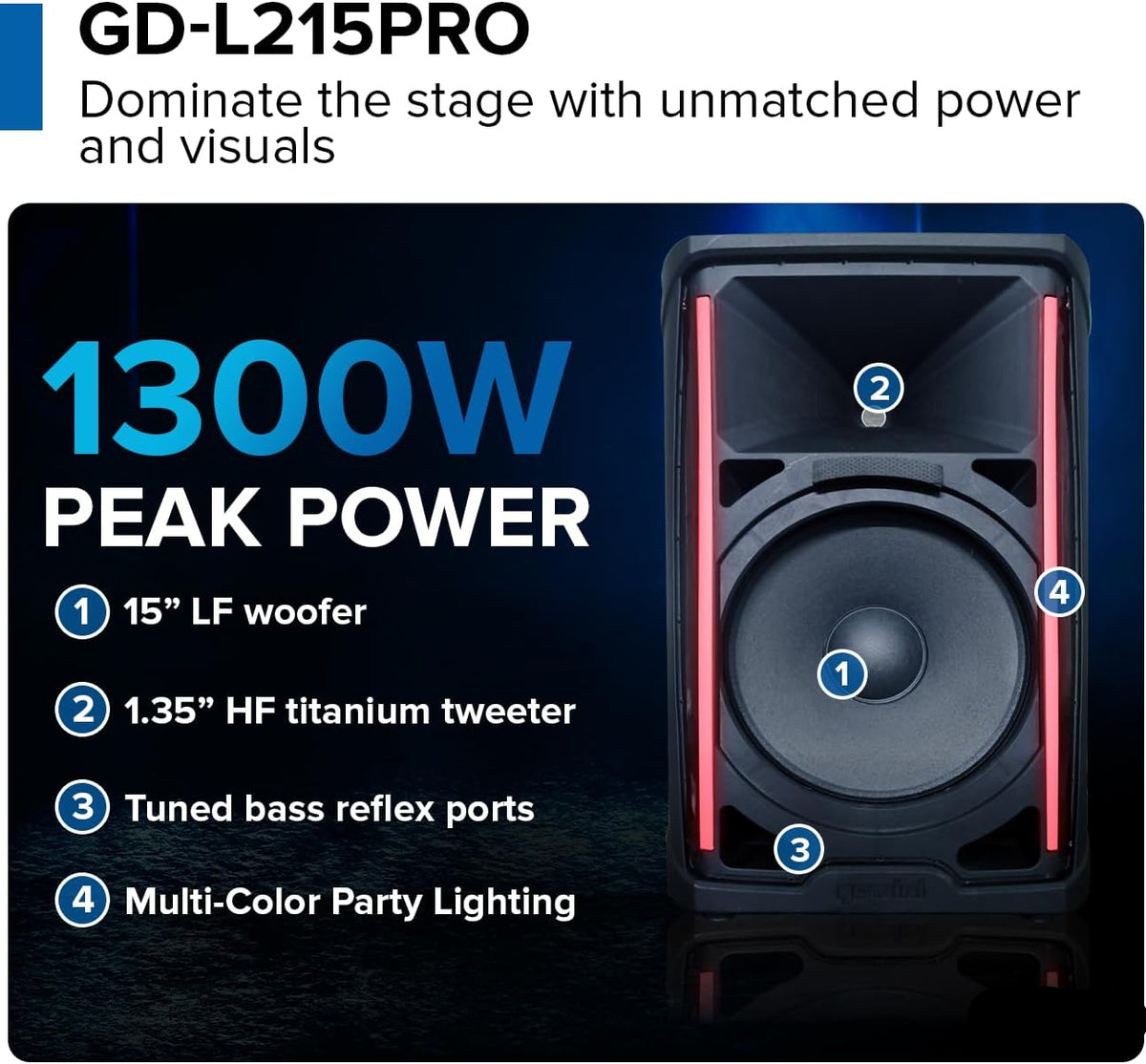 Gemini Sound GD-L215PRO 1300W Bluetooth PA-luidspreker met ledverlichting voor feestjes en 3-kanaals mixer, 15 inch high-performance woofer voor DJ's en feestjes, intuïtief design voor fans