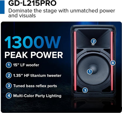 Gemini Sound GD-L215PRO 1300W Bluetooth PA-luidspreker met ledverlichting voor feestjes en 3-kanaals mixer, 15 inch high-performance woofer voor DJ's en feestjes, intuïtief design voor fans