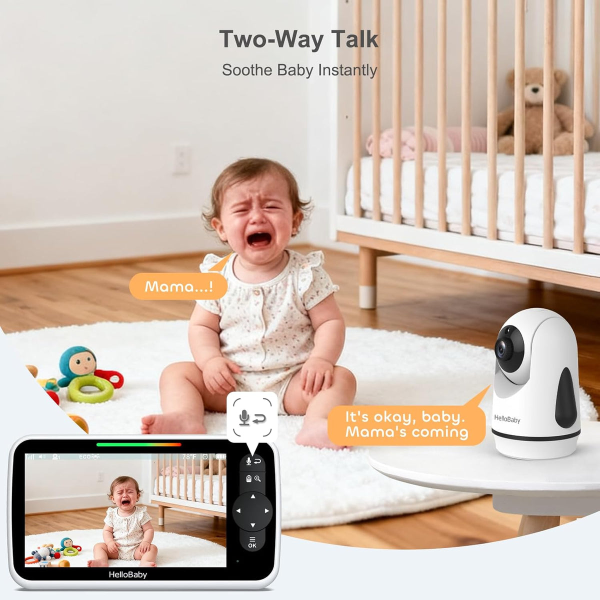 HelloBaby 6-Inch Babyfoon, Groot Scherm met Camera en Audio, 4000 mAh Batterij en ECO Modus, Nachtzicht, Geen WiFi, Tweewegcommunicatie en 8 Slaapliedjes, Op Afstand Bedienbare PTZ Camera