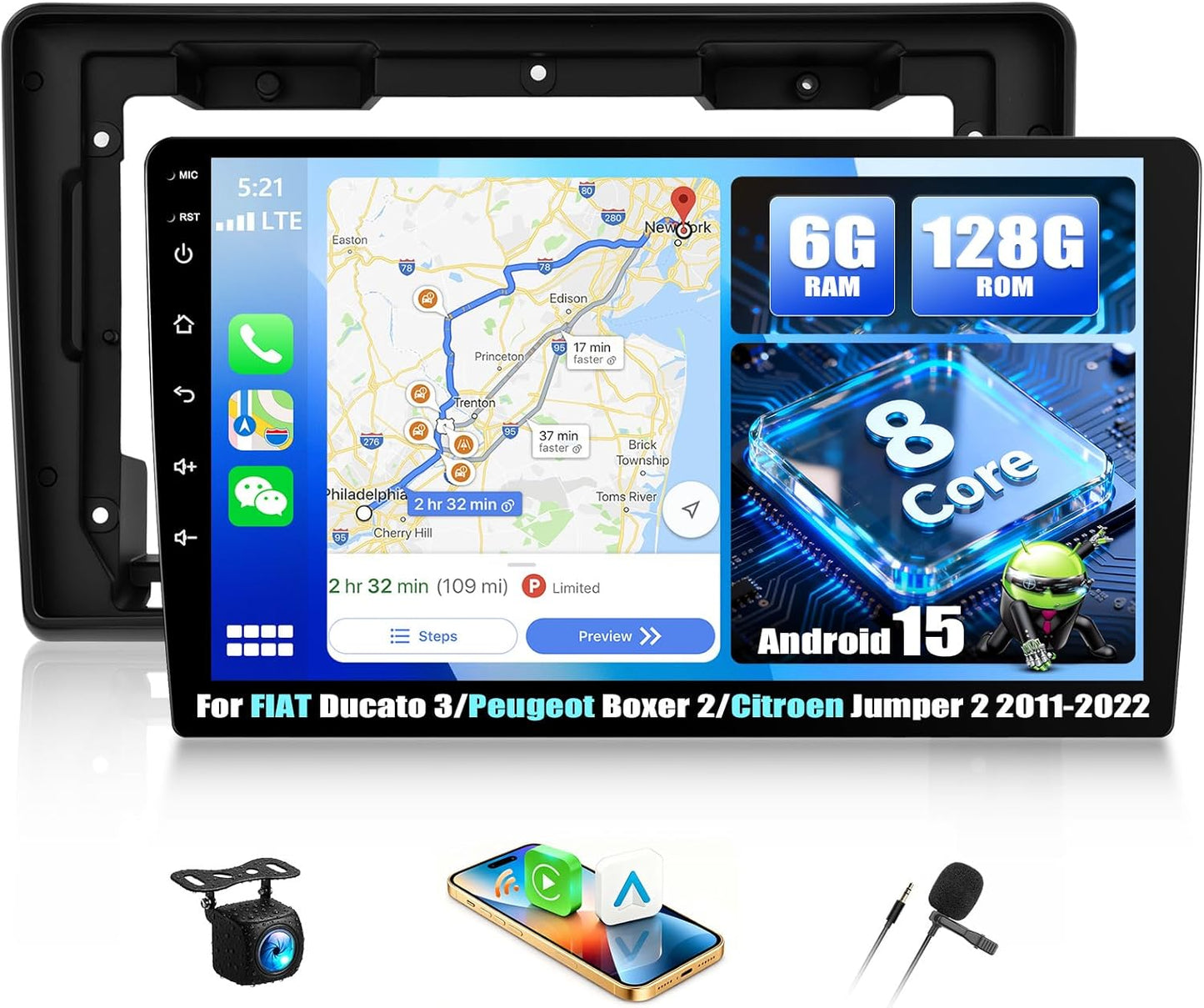Android 15 Autoradio – Multimedia Systeem – Navigatie Radio – Draadloze CarPlay – Bluetooth Autoradio – 9 Inch Touchscreen – 8-Core Processor Met 6+128GB Geheugen