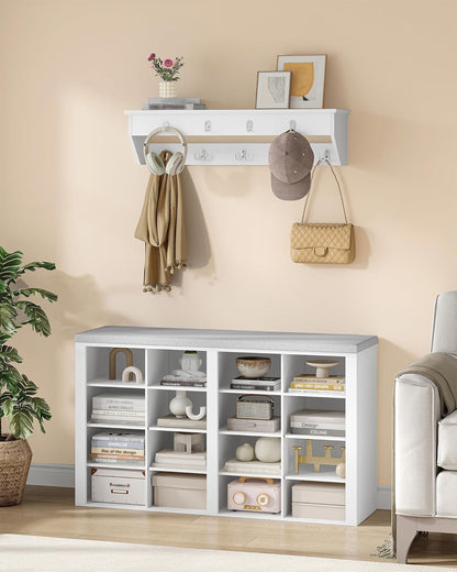 Hzuaneri Wardrobe Shoe Rack Set, Shoe Bench with Cushion, Entrance Bench 30 x 105 x 59 cm, Wall Coat Rack with 9 Hooks Coat Racks with Shelf for Living Room, Bedroom, Entrance, White-Grey, HT56603GY