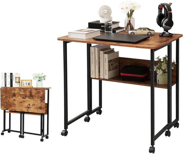 Computertafel - Computerbureau - Laptoptafel - Inklapbaar Kleine Tafel - Werktafel - Bijzettafel - met Wieltjes - Opvouwbare - IndustriëLe Stijl - voor - Thuis - Kantoor - 80 x 58 x 79 cm - Vintage Koffie
