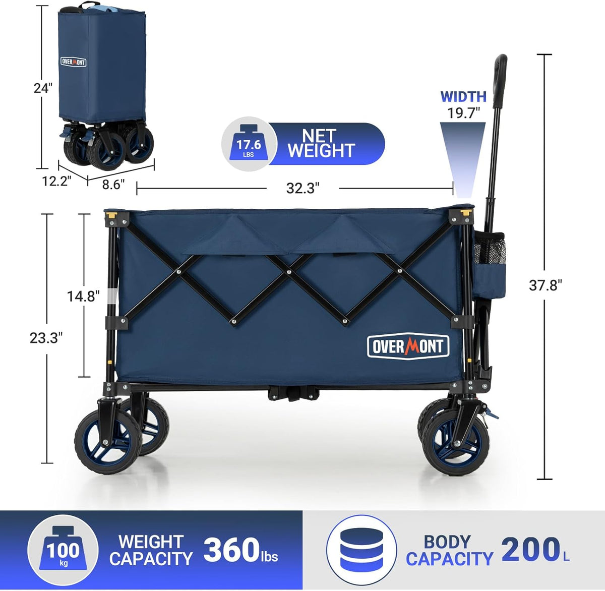 Overmont Opvouwbare bolderkar, inklapbare handwagen, met off-road brede wielen, tot 150 kg draagkracht, voor camping, sport, winkelen, tuin, blauw