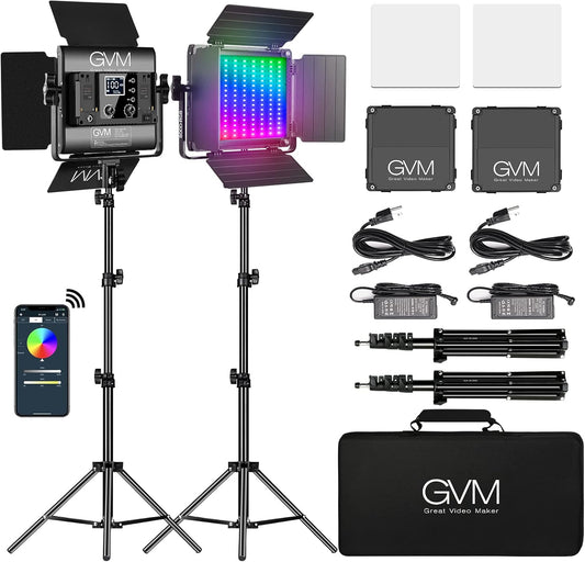 GVM RGB videolamp met statief, 800D led-fotografielamp, studiolicht, 3200 K – 5600 K, continu licht voor video, YouTube, conferentielicht, streaming, fotolicht, 18 lichteffecten, CRI97+ app-besturing