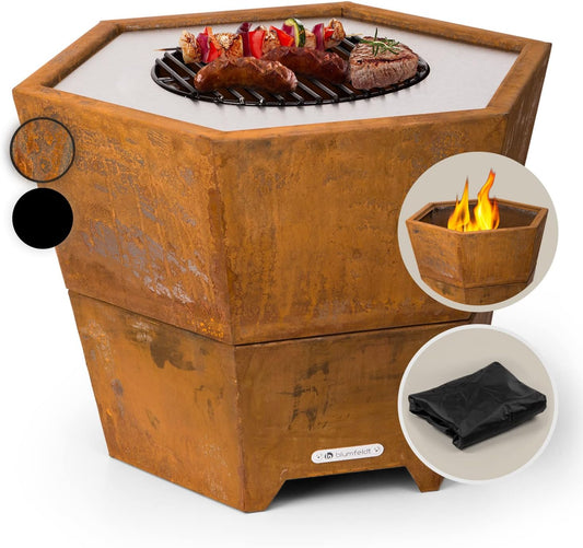Blumfeldt Vuurschaal met grillrooster, outdoor stalen rooster, groot voor balkon en camping, mobiele vuurschaal 60 cm, weerbestendige zeshoekige plaats