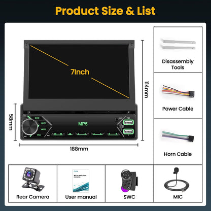 Hikity 1 Din autoradio met 7 inch flip-out gemotoriseerd touchscreen autoradio met Bluetooth radio achteruitrijcamera Mirror Link USB AUX MIC