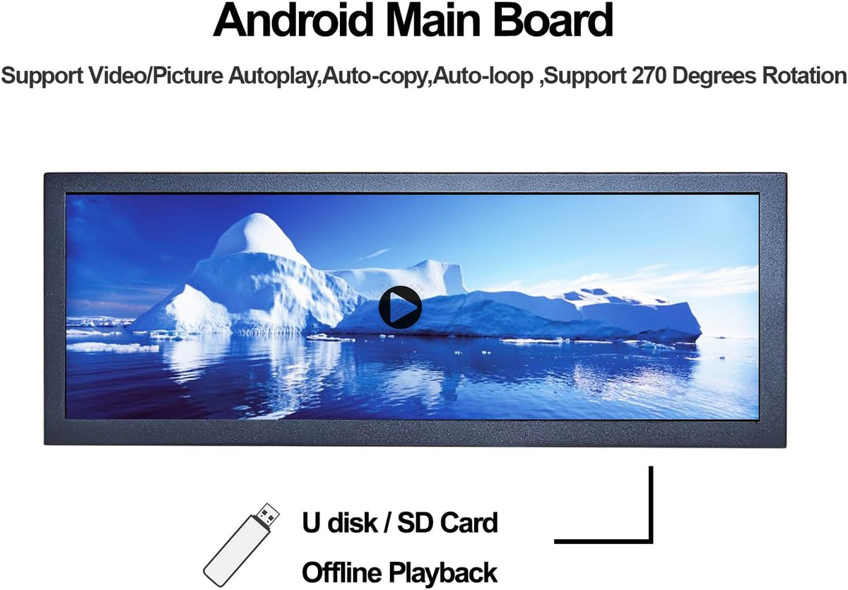Uitgerekte LCD-monitor – Breedbeeldscherm – Reclamedisplay – PC-Behuizingsmonitor – DIY-Monitor – 12,3 Inch IPS 1920 x 720, 700 Nits – Android 11 Met Autoplay En Autocopy