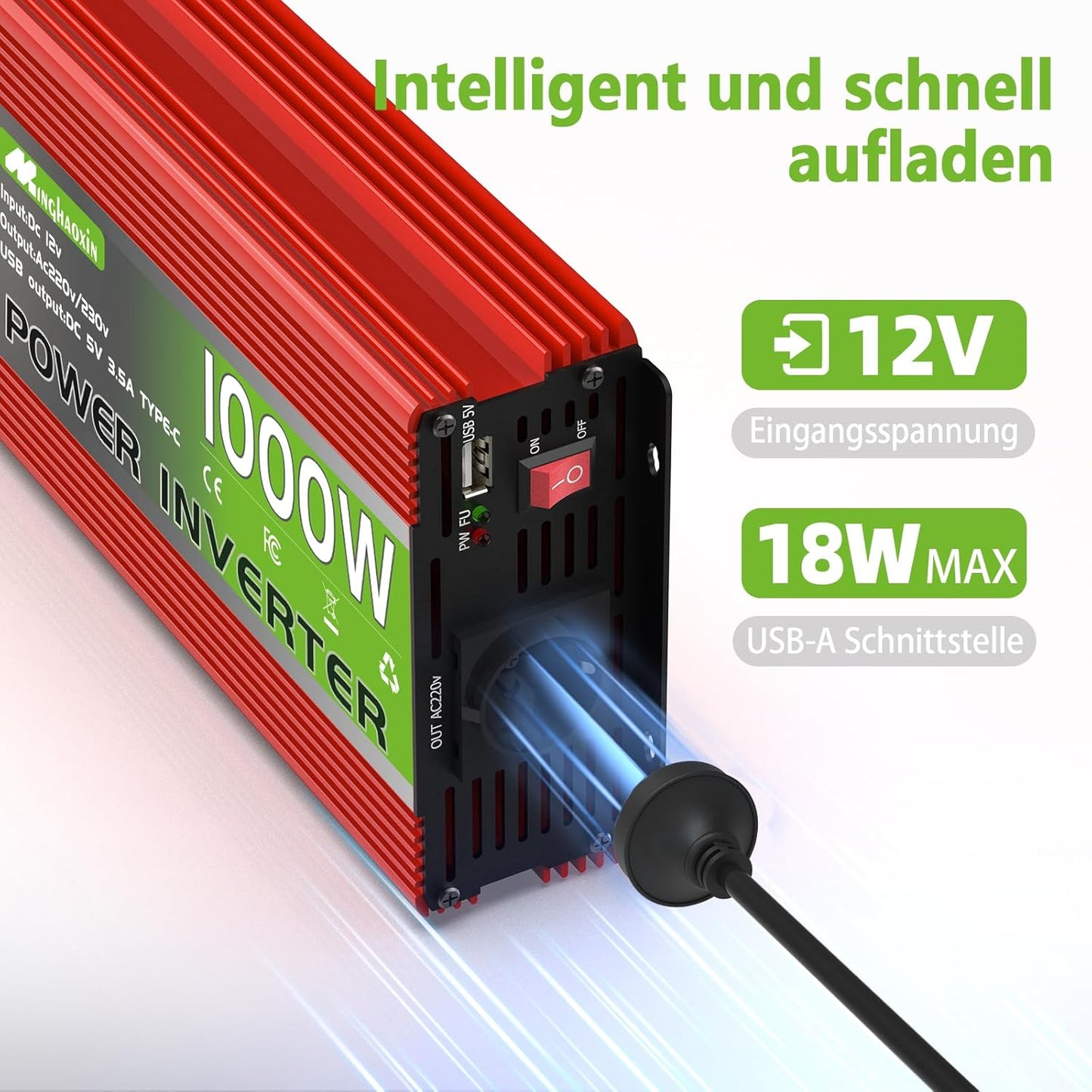 1000W inverter, 12V to 230V, with EU compatible sockets, USB ports and an LCD display, peak power 2000 watts for household appliances, campers, boa