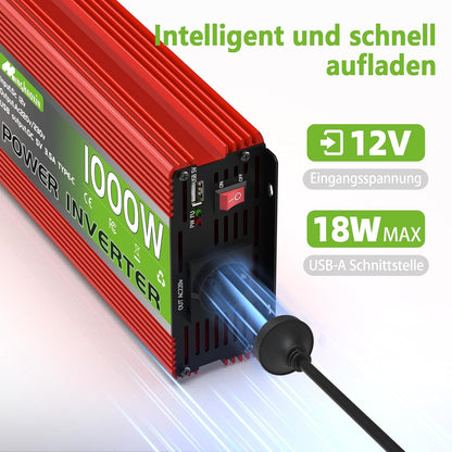 1000W inverter, 12V to 230V, with EU compatible sockets, USB ports and an LCD display, peak power 2000 watts for household appliances, campers, boa