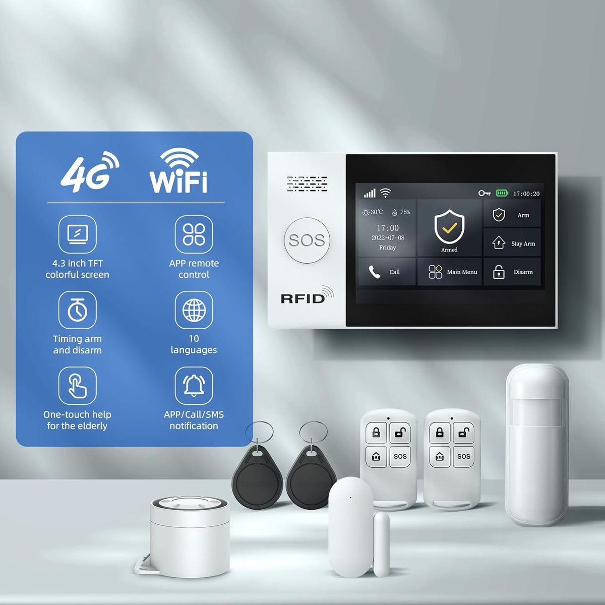LWOHSI Alarmsysteem voor thuisbeveiliging, draadloze 4,3 inch Fulltouch Screen Alarm Kits met 2MP Beveiligingscamera, Mobiele telefoon APP Alert, Deursensoren, Afstandsbediening, Compatibel met Alexa