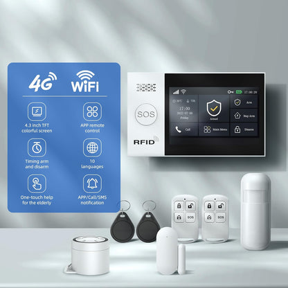 LWOHSI Alarmsysteem voor thuisbeveiliging, draadloze 4,3 inch Fulltouch Screen Alarm Kits met 2MP Beveiligingscamera, Mobiele telefoon APP Alert, Deursensoren, Afstandsbediening, Compatibel met Alexa