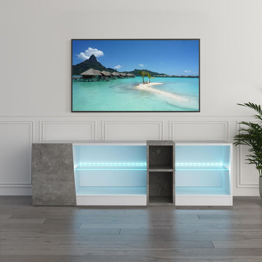 Mondeer TV-meubel, tv-meubel met ledverlichting, 5 open vakken en 1 deur, voor 55 inch tv's, voor woonkamer, slaapkamer, 140 x 45 x 37,5 cm (b x h x d), wit en grijs