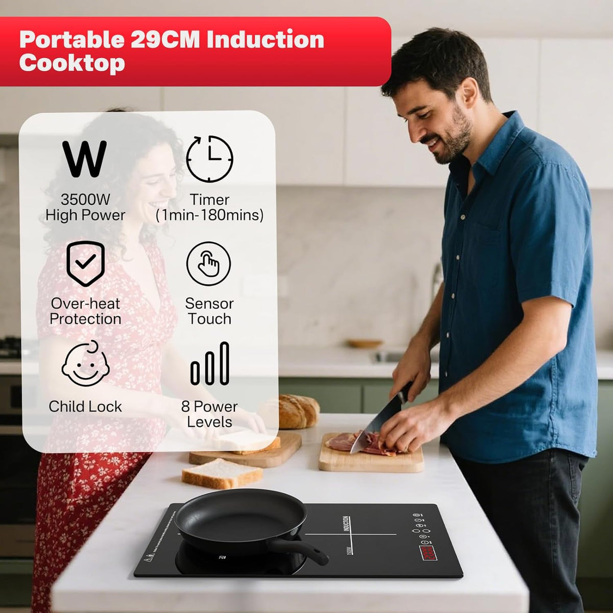 30cm Built-in Induction Hob 2 Ring, 3500W Electric Hob with Touch Control, Plug-in Double Zone Cooker with Timer & Child Lock, 230V for Kitchen or Worktop Use