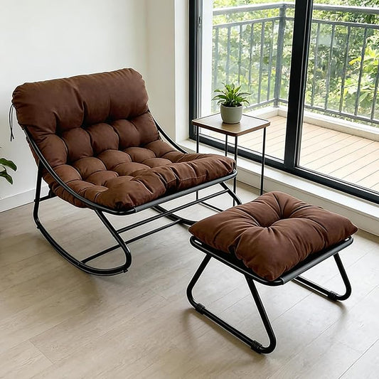 Rocking Chair with Stool, Indoor & Outdoor Rocking Chair, Living Room Relax Chair, Reading Chair, Rocking Chair with Upholstery, up to 150 kg, Rocking Chair for Garden, Yard, Patio, Porch (Brown) - QUORE