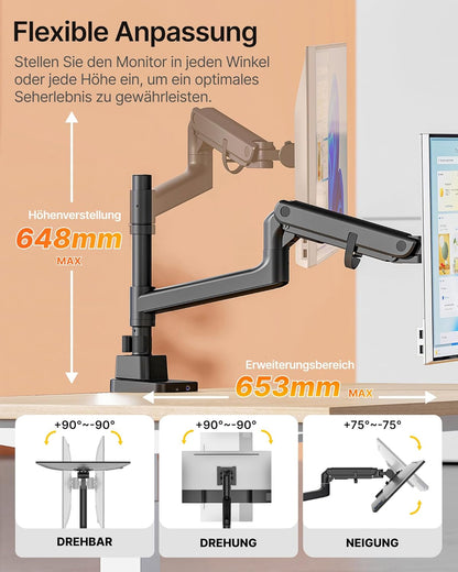 monTEK Zware Enkele Monitorarm voor 17-57 inch Schermen tot 27 KG, Gasveer Dubbele Gebogen Verstelbare Monitorstandaard voor Bureau, 75/100mm VESA-bevestiging met USB, Zwart