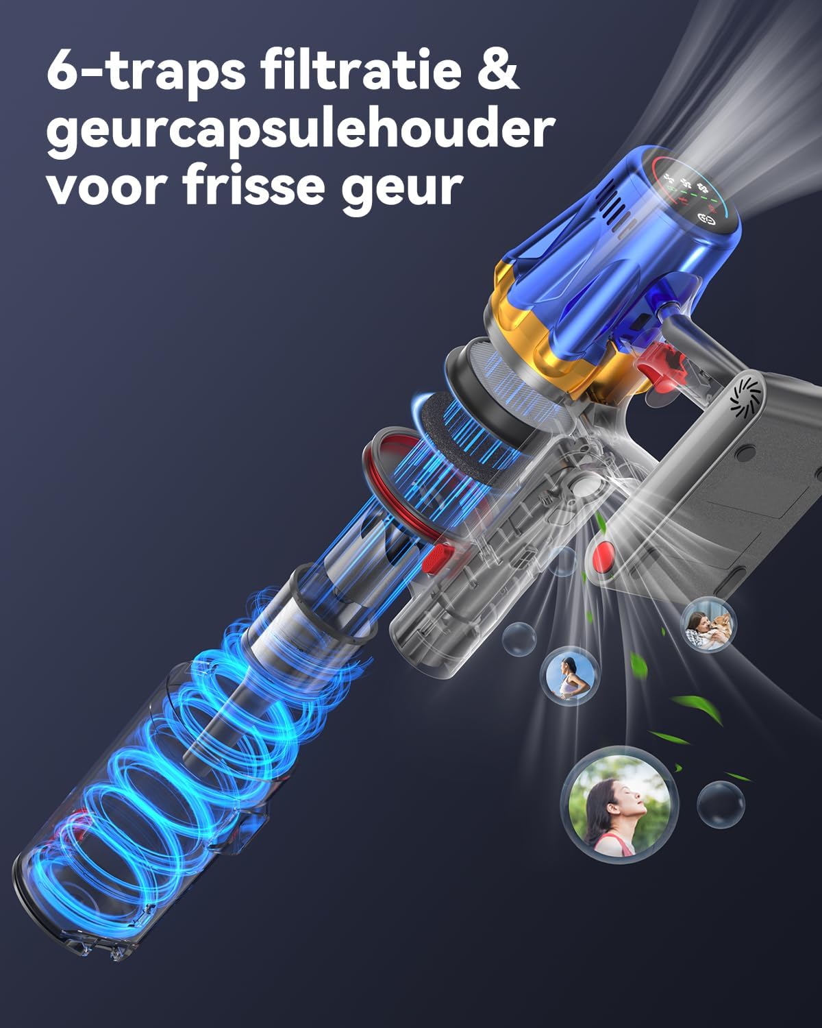 H9 Draadloze Stofzuiger 58KPa/650W/80Min, Krachtige, LED Touchscreen, Zelfstandig Staand, Verbeterde Anti-Tangle Borstel voor Huisdierenharen/Tapijten/Harde Vloeren, Blauw