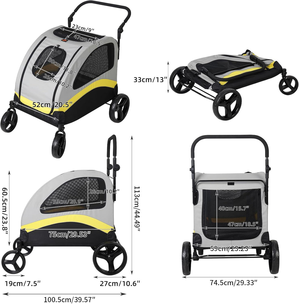 BingoPaw Heavy duty hondenwagen voor zware grote honden: opvouwbare hondenbuggy, tot 42 kg, hondenbuggy met 4 wielen, 3 netramen, verstelbare handgreep