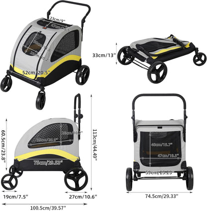 BingoPaw Heavy duty hondenwagen voor zware grote honden: opvouwbare hondenbuggy, tot 42 kg, hondenbuggy met 4 wielen, 3 netramen, verstelbare handgreep