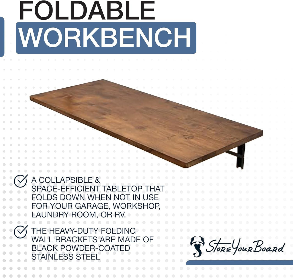 StoreYourBoard Wandgemonteerde opvouwbare tafel, donker houten slagersblok vouwbureau, 40 "x 18", zwarte stalen beugels