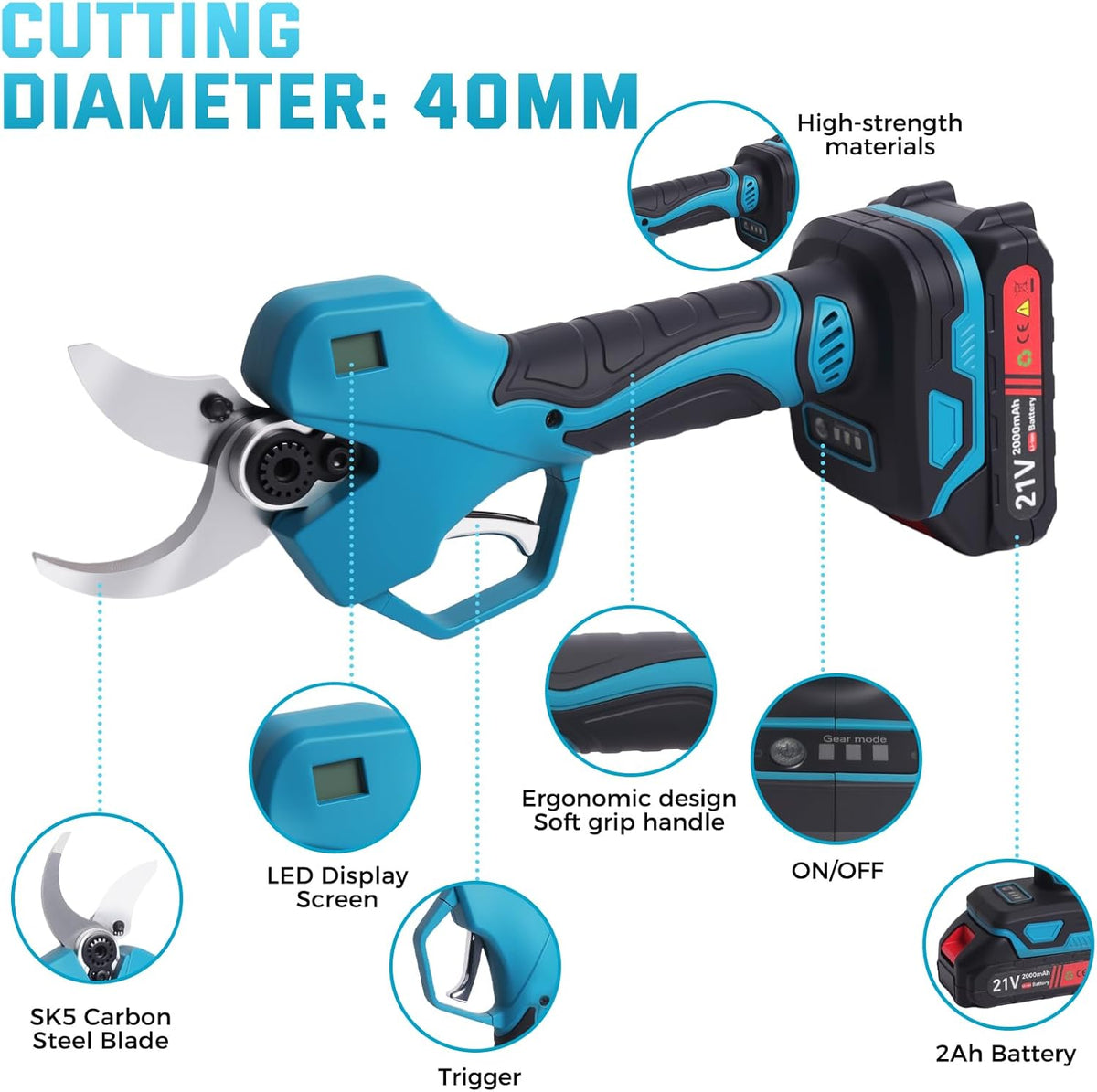 Bostar Elektrische tuinschaar, 40 mm, met telescoopstang met 2 x 2000 mAh batterijen, 2-in-1 set, elektrisch, voor het snoeien van bomen, erf
