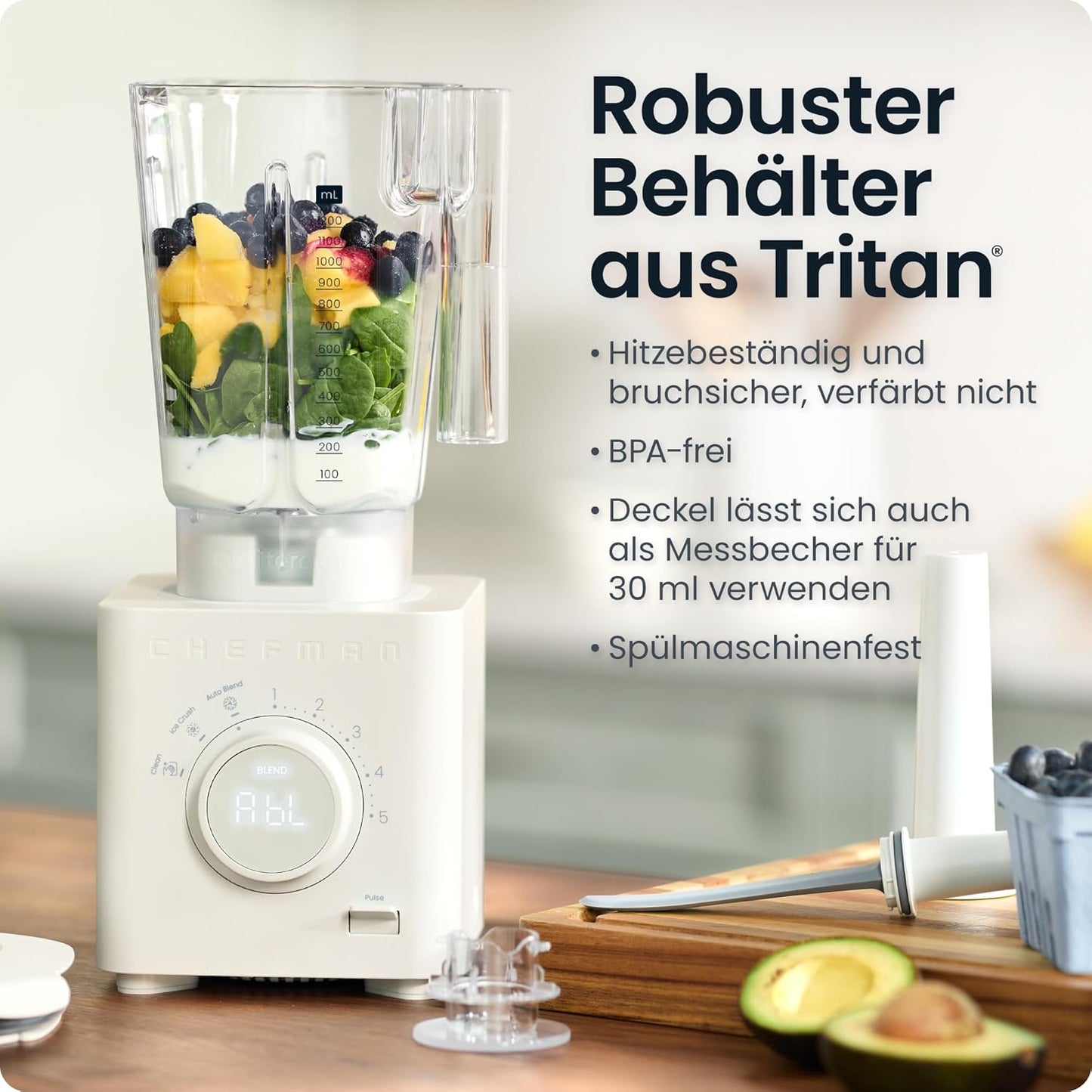 Chefman Obliterator 1,2 l blender voor smoothies, 1350 W motor voor het malen van ijs, noten en bevroren vruchten met roestvrijstalen lemmet, Auto Blend functie, incl. 600ml reiscontainer - betongrijs