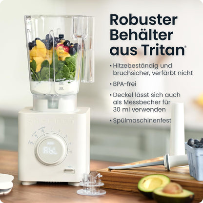 Chefman Obliterator 1,2 l blender voor smoothies, 1350 W motor voor het malen van ijs, noten en bevroren vruchten met roestvrijstalen lemmet, Auto Blend functie, incl. 600ml reiscontainer - betongrijs