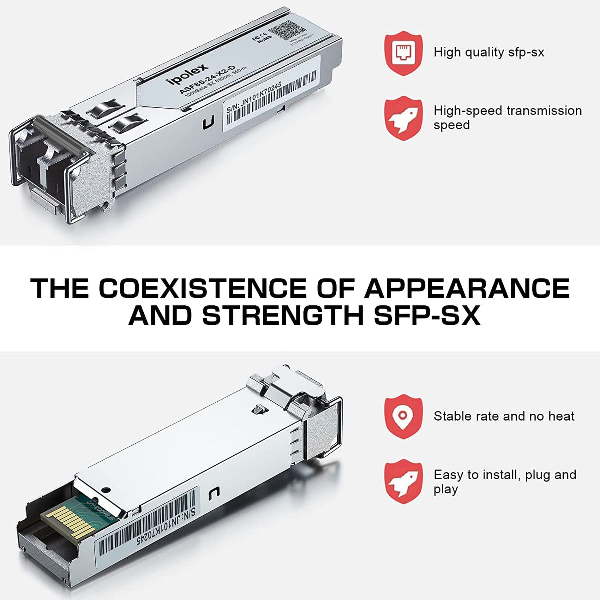 ipolex Gigabit SX Multimode SFP LC Zendontvanger, 1000BASE-SX SFP Module voor Cisco GLC-SX-MMD, Meraki MA-SFP-1GB-SX, Ubiquiti uf-MM-1G, Mikrotik s-85DLC05D, Netgear AGM731F, 850nm MMF, 10Pack