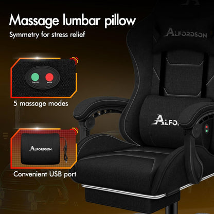 ALFORDSON Gaming Chair with Massage Lumbar Spinal Cushion, Ergonomic Gamer Racer Chair with Adjustable Backrest, Swivel Chair with Footrest, Height Adjustable, Black - QUORE