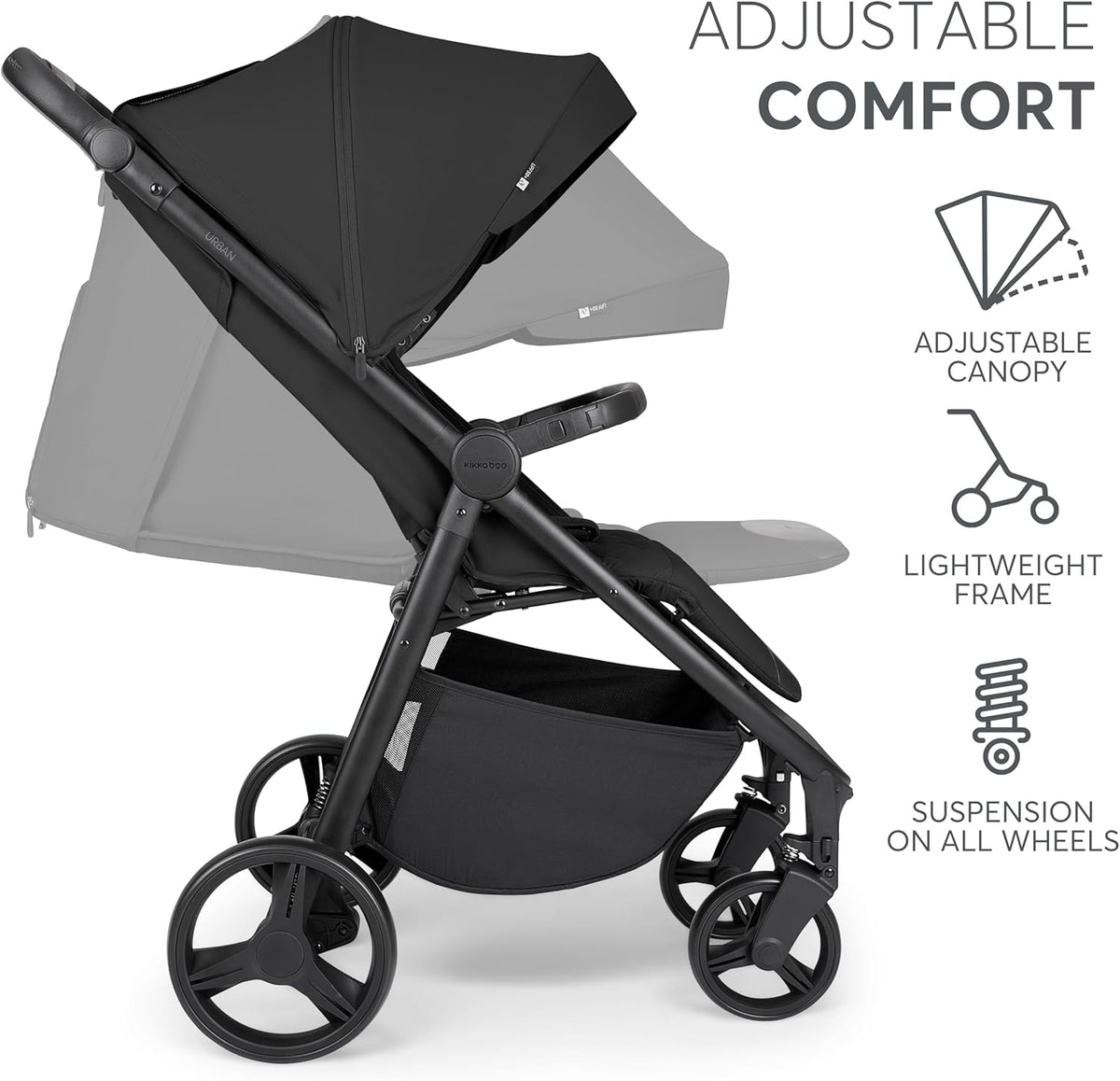 KikkaBoo Urban Kinderwagen, licht, vanaf de geboorte tot 22 kg, compact, EVA-wielen met vering, verstelbaar stuur, zwart