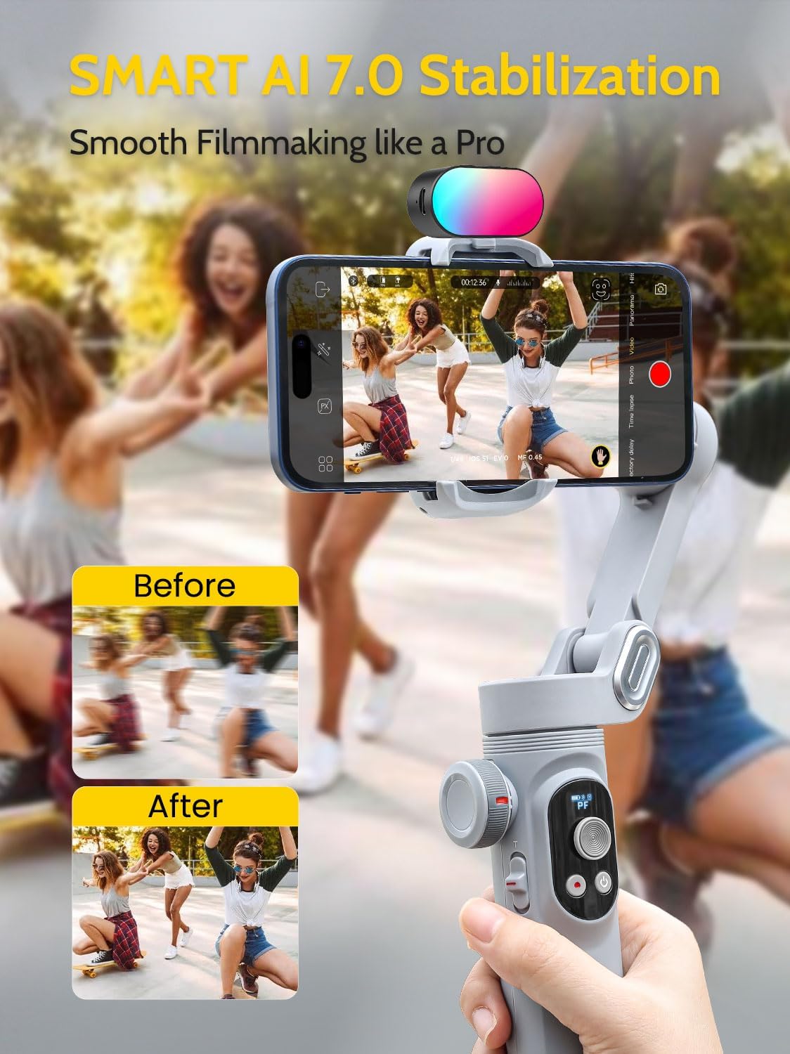 Gimbal Stabilizer voor Smartphone, RGB Magnetische Refill Light Set, OLED Display LED Licht Focus Wiel, Professionele 3-assige stabilisator voor Android &iPhone, AOCHUAN XPRO KIT Grijs