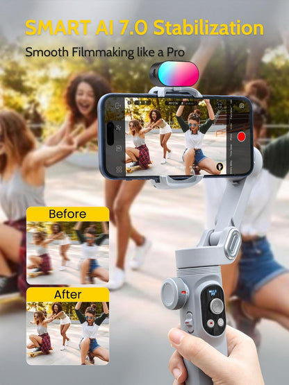 Gimbal Stabilizer voor Smartphone, RGB Magnetische Refill Light Set, OLED Display LED Licht Focus Wiel, Professionele 3-assige stabilisator voor Android &iPhone, AOCHUAN XPRO KIT Grijs