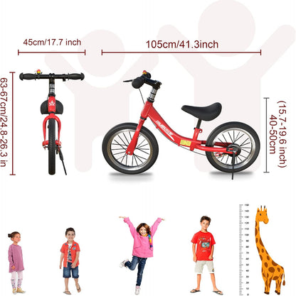 16 Inch Loopfiets Voor Kinderen Van 5-8 Jaar, Loopfiets Met Remmen, Verstelbaar Zadel, Lichtgewicht Koolstofstalen Frame Met Beugel, Stabiel En Duurzaam,Rood
