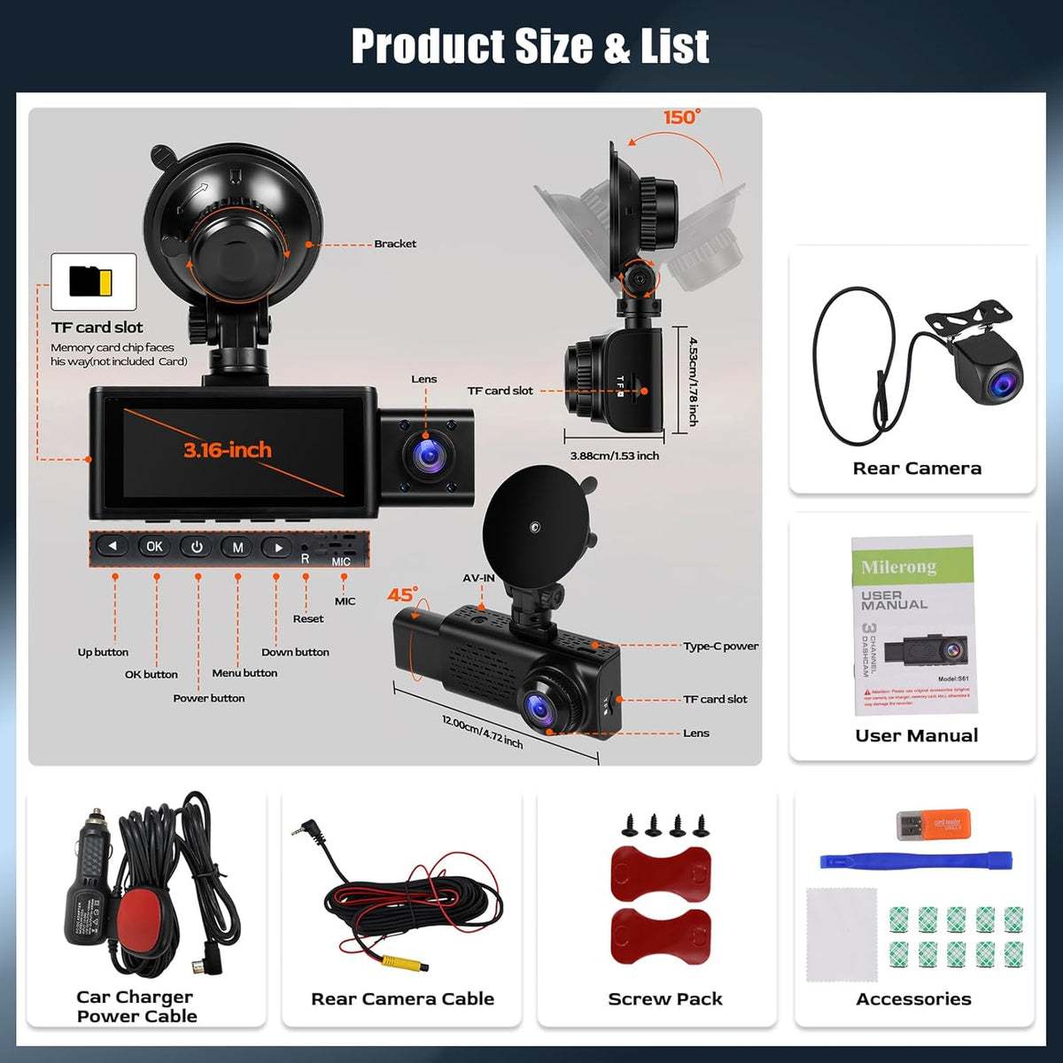 Dashcam Auto – Autocamera – Rijrecorder – Dashcam Set – Achteruitrijcamera – 3-Kanaals met 2,5K Frontcamera, 1080p Interne Camera & 1080p Achtercamera – 3,16 Inch Touchscreen, G-Sensor & App-Bediening