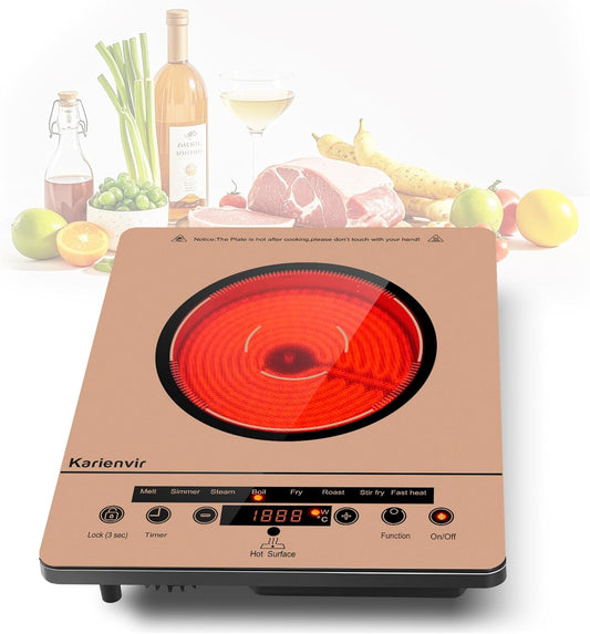 Keramische kookplaat 1 platen, oranje, kookplaat met stekker, timer, kinderbeveiliging, restwarmte-indicator, 220-240V，keramische kookplaat 1 vrijstaand,
