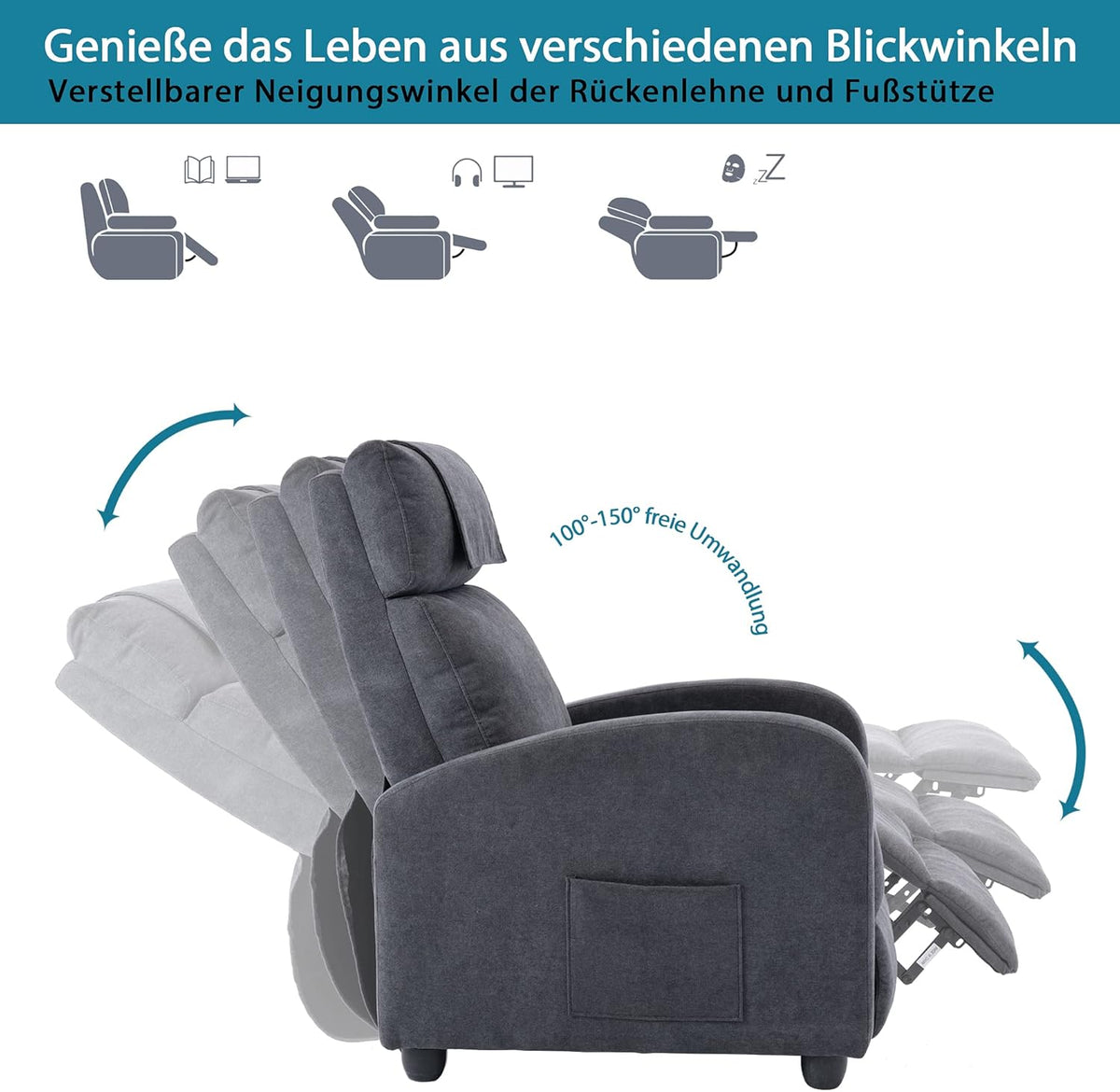 Recliner Chair Massage Heating Reclining Function, TV Chair Adjustable, Massage Chair with Remote Control, Recliner Fabric, Grey - QUORE
