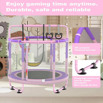 CZCPAPY Kindertrampoline, outdoor trampoline voor kinderen, binnen en buiten, met veiligheidsnet, mand, palen, schommels, cadeau voor kinderen, roze en paars