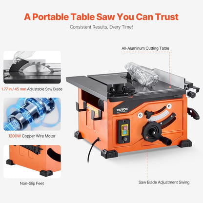 VEVOR Table Saw 210 mm Compact Portable 1200 W Maximum Cutting Power 225 mm 4800 rpm with 24 Teeth Carpentry Farm