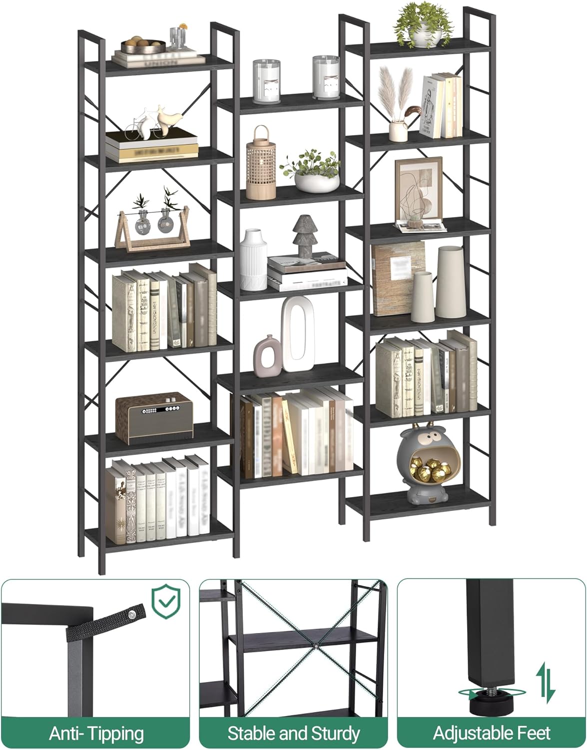 Hzuaneri Bookshelves, Freestanding Shelves, 17 Shelves, 6 Layers, Adjustable Distance, 24 x 152 x 186 cm, Load Capacity 340 kg, Living Room, Office Vintage Black BC10104B