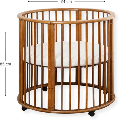 Baby Box – Round Wooden Play Box – Playpen – Includes Mattress – 91x91x85cm – Brown - QUORE