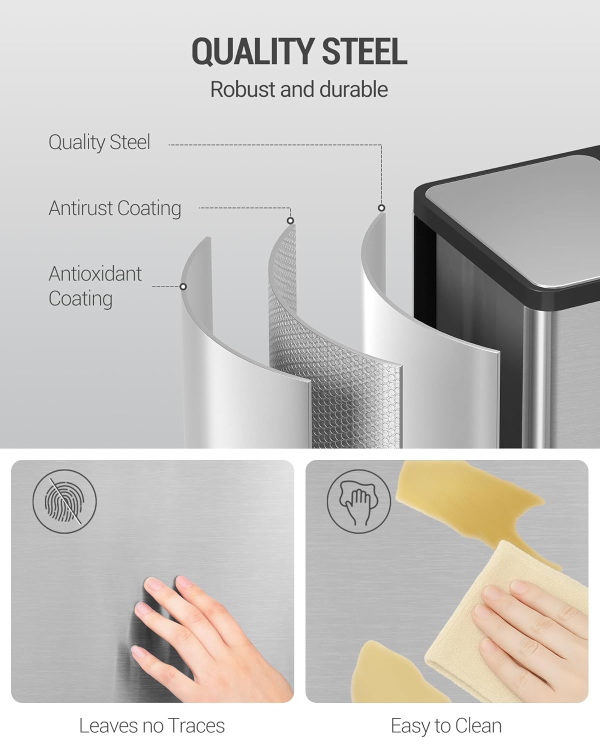 Hzuaneri Kitchen Waste Bin, Waste Separation System (2 x 30 litres), Stainless Steel Kitchen Waste Bin with Color Coded Pedal, Silent and Slow Baging, Includes 15 Waste Bags, Silver Color SW23099E