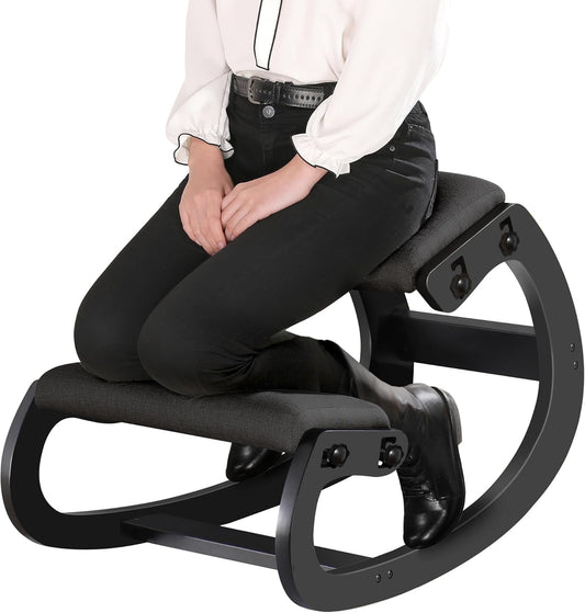 Predawn Ergonomische kniestoel voor zitcorrectie, kniekruk, kruk voor thuis, meditatie, houten en linnen kussen, rugpijn, nekpijn, verlichting en lichaamshouding (zwart)