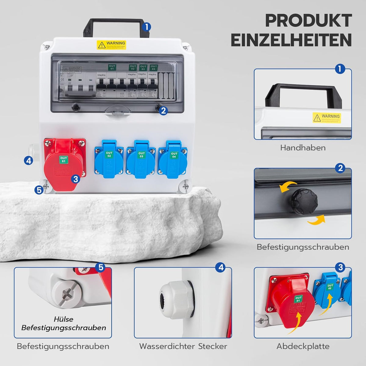 Bouwstroomverdeler met wifi-schakelaar type A, 40 A, 30 mA RCBO wandverdeler met CEE-stopcontact, 16 A, waterdicht, met handgreep voor verdeelkast (3 x 16 A 1P LS+1 x 16 A, 3P LS+ FI/LS met