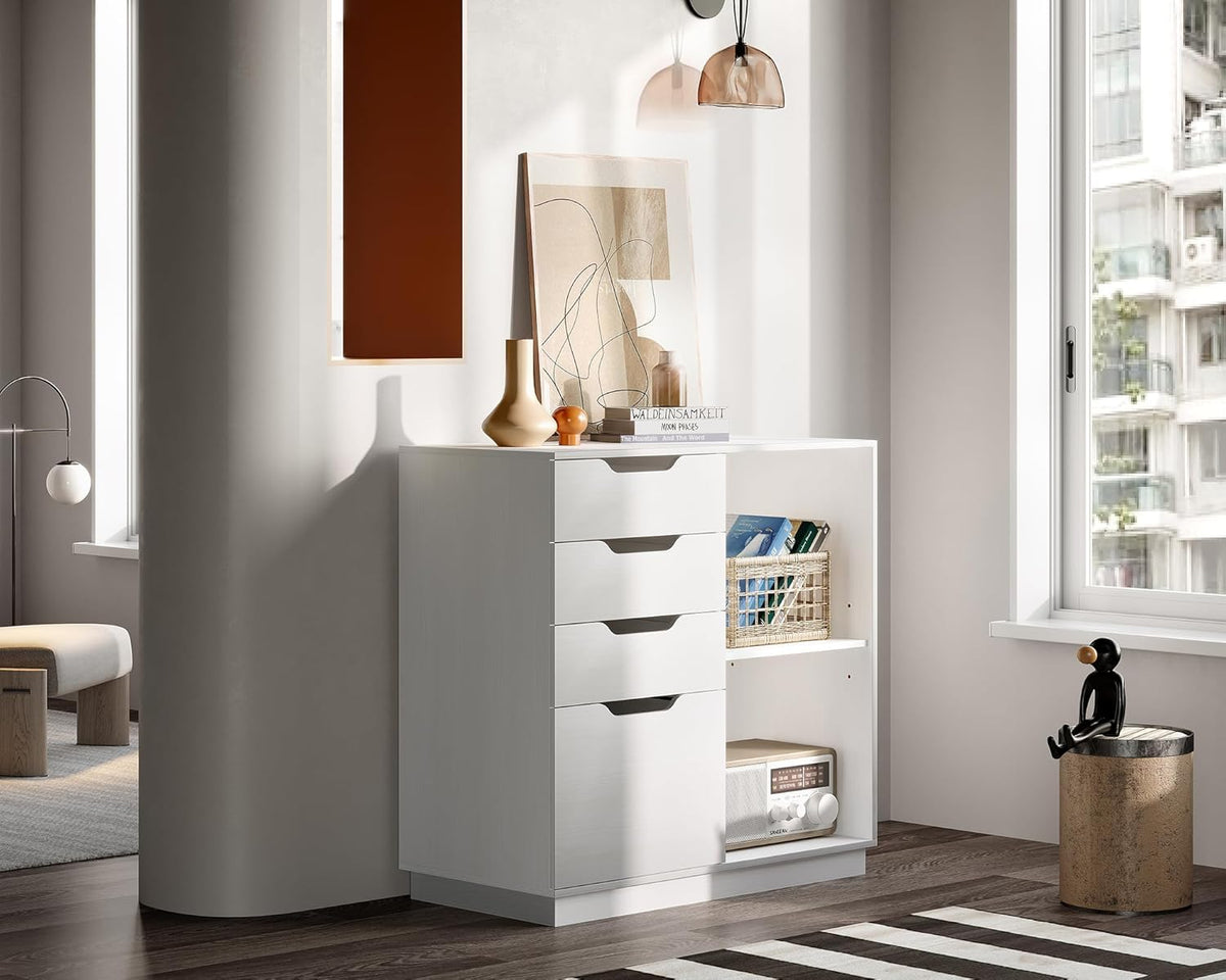 EasyPAG Houten zijarchiefkast met 4 laden, A4-formaat formaat hangmap, archiefkast, printerstandaard met open opbergplank voor kantoor en thuis, wit