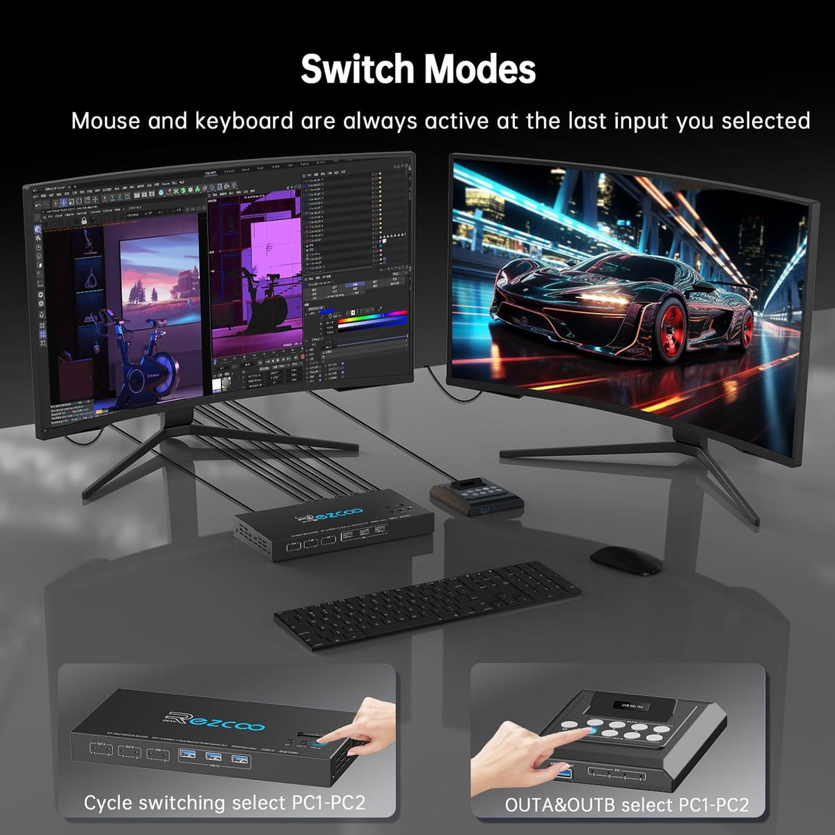 4K @120Hz HDMI DP KVM Switch Dual Monitor USB 3.0 2 monitoren 2 computers EDID emulatoren voor 2 pc's delen 2 schermen en 4 USB 3.0-poorten SPDIF kopieer uitbreidingsmodus, 2 USB-kabels en controller.