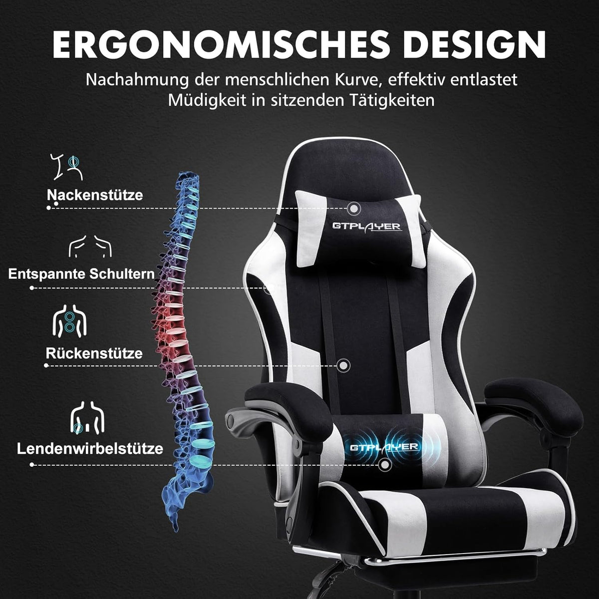 GTPLAYER Gamingstoel, bureaustoel, ergonomische pc-stoel, gamingstoel met massagesteun, task stoelen met voetensteun en hoofdsteun, witte stof